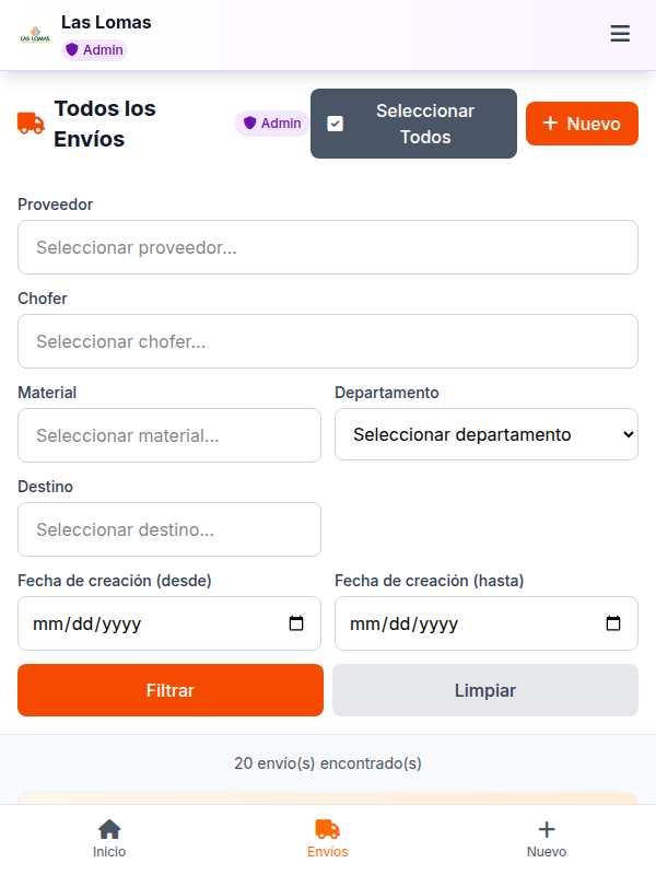 Lista de envios de sucata