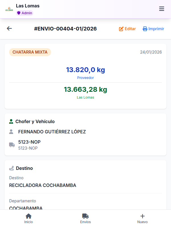 Detalhes de um envio com pesos