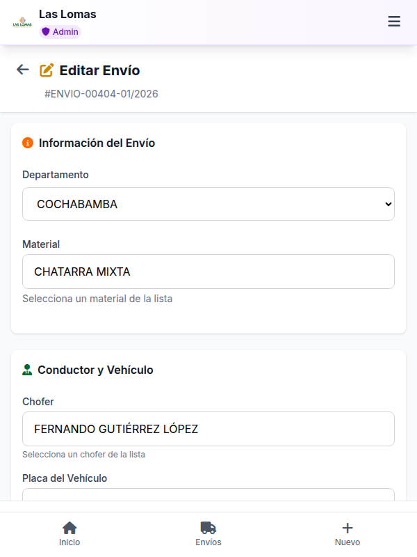 Edicao de envio existente