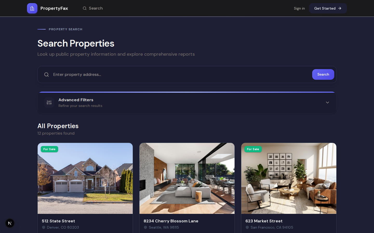 Lista de propriedades com imagens e filtros avancados