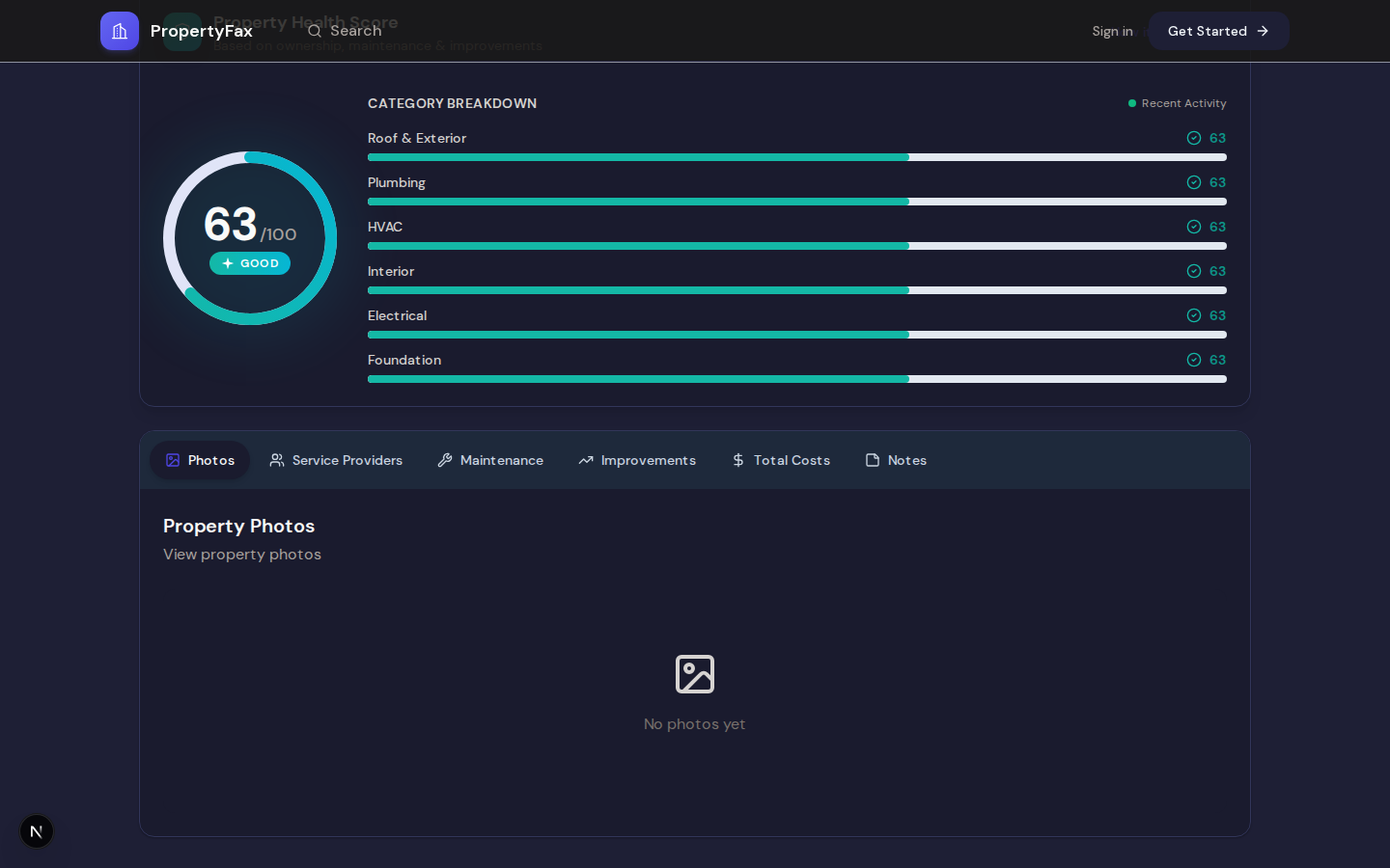 Categorias de avaliacao e tabs de gestao da propriedade